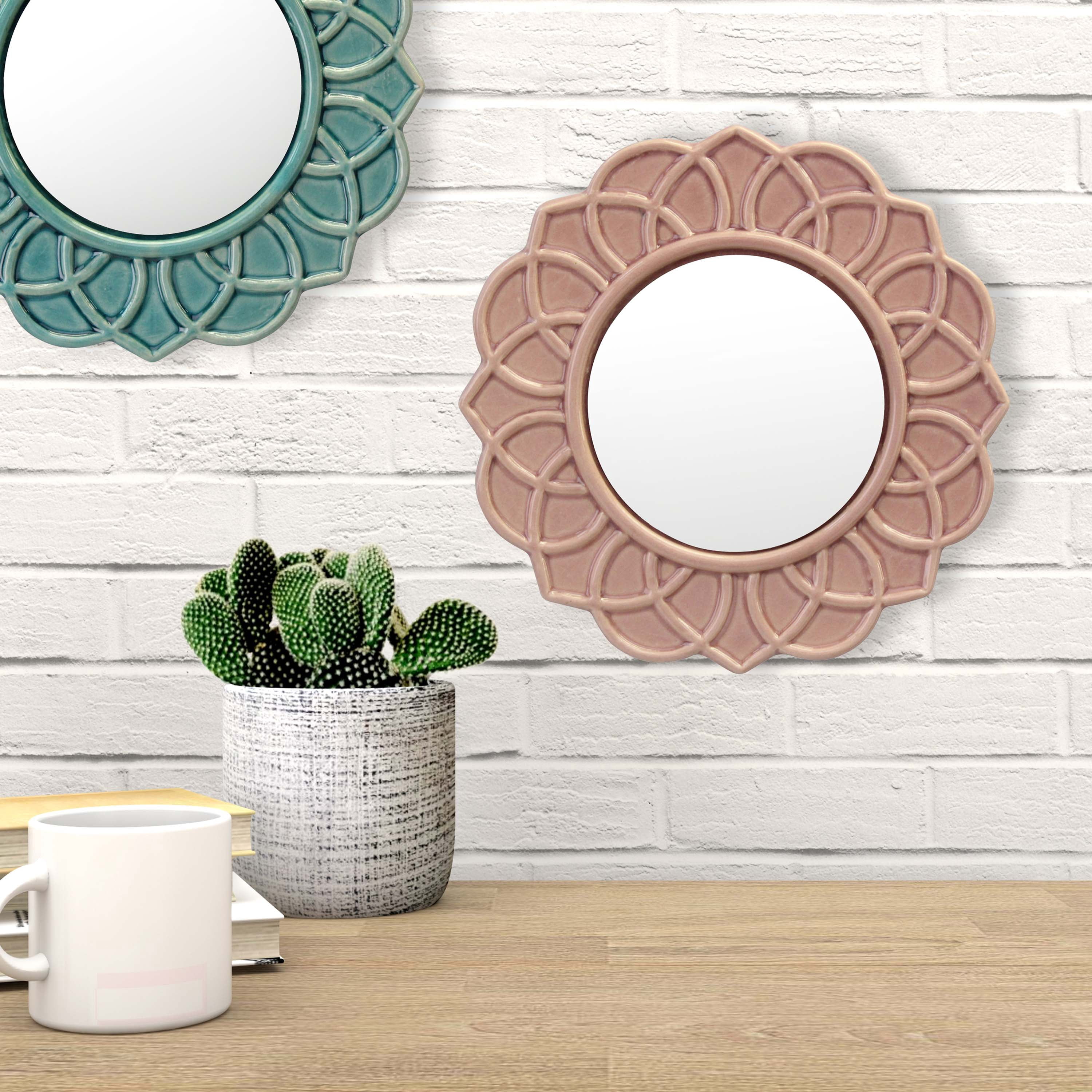 Stonebriar 9 in. Circle Ceramic Floral Wall Mounted Mirror, Pink