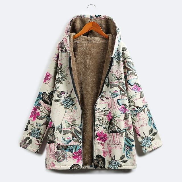 Women Faux Fur Hooded Parka Coat Floral Print Side Pockets Warm Vintage Casual Long Coat Outwear