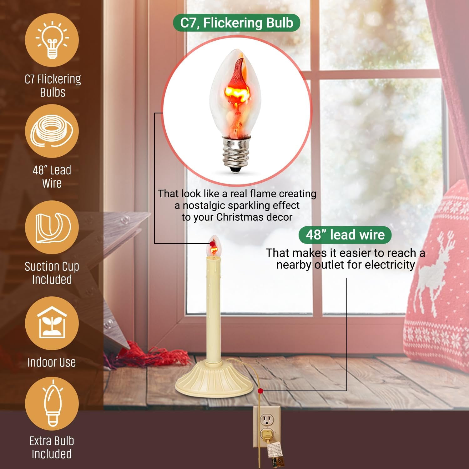 Tupkee Christmas Candolier Window Candle  with Flickering Bulb  Single Indoor -Flameless Electric Window Candle Candelabra - 2 Pack