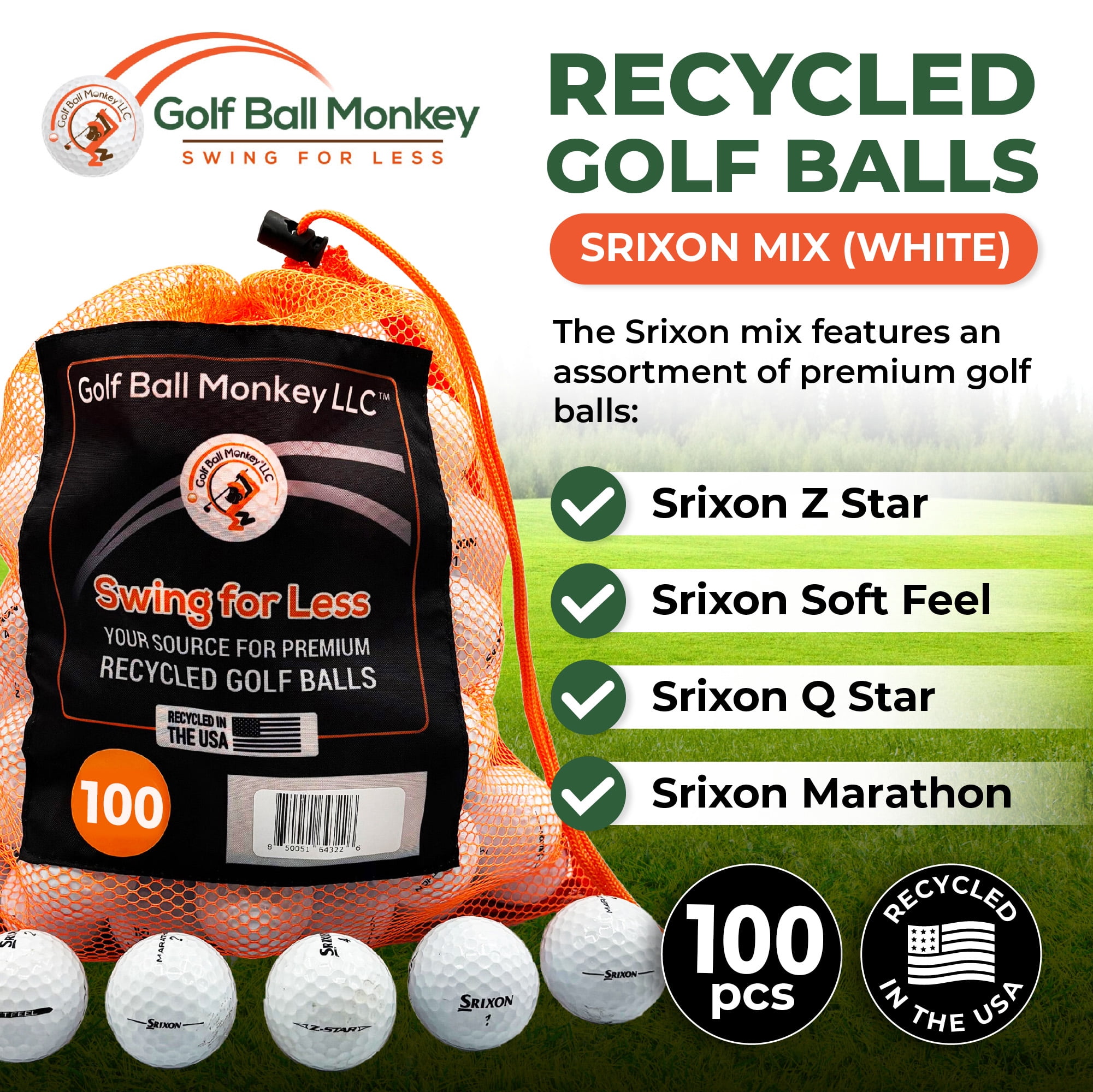 Golf Ball Monkey Cheap Recycled Golf Balls for Srixon Mix White 100 Pk Good Condition  Z Star, Soft Feel,  Q Star & Marathon Golf Balls w/ 15 Tees and Mesh Bag