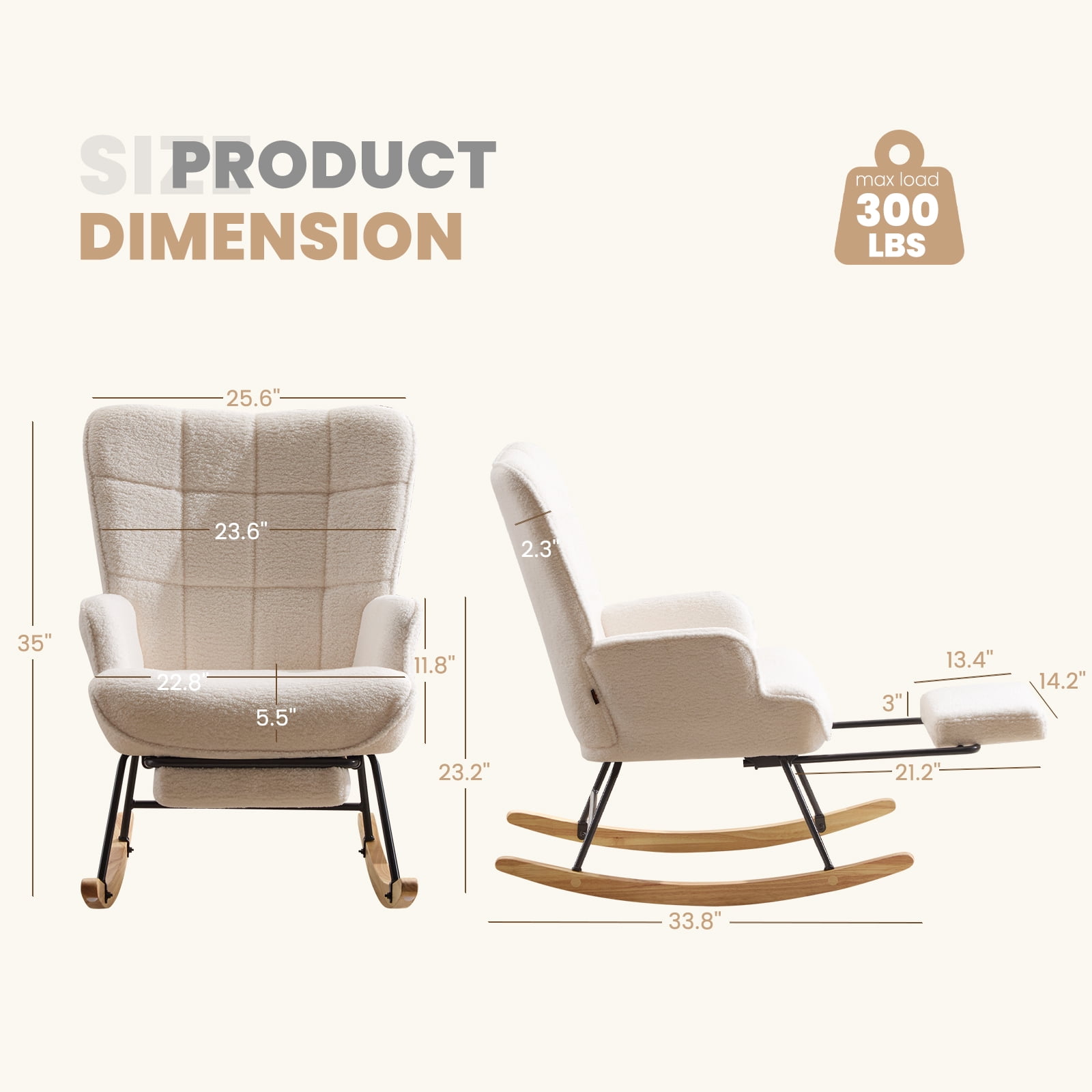 Furniliving Rocking Chair, Upholstered Nursery Rocking Chair with Footrest, High Backrest, Thick Cushion Glider Rocker Accent Chair, Comfy Armchair for Living Room, Bedroom, Nursery, White