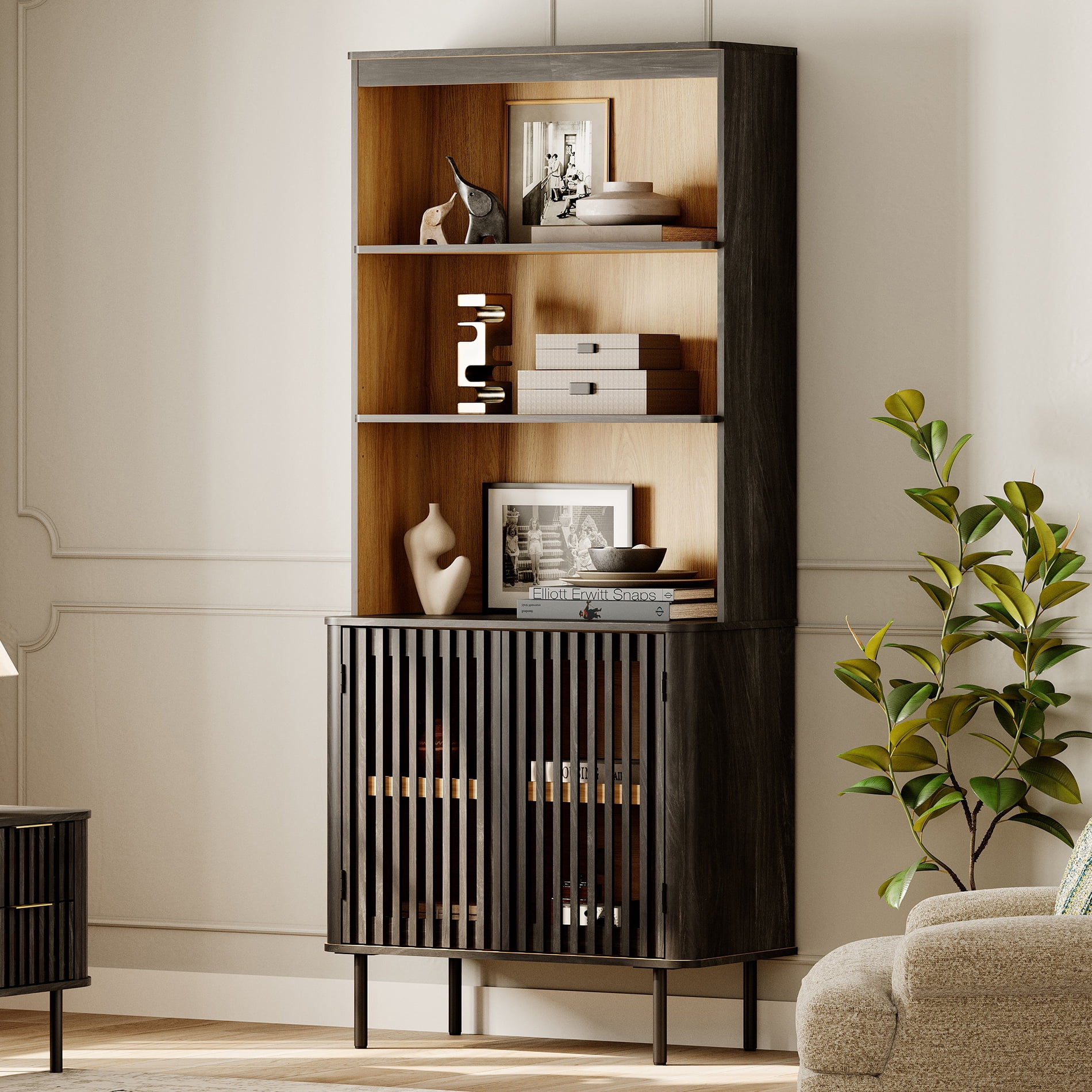 WAMPAT 72.8" Tall 5-Tier Bookshelf with Doors, Modern Bookcase with Storage, Adjustable Shelves, Wood Storage Cabinet, Black，3 PCS