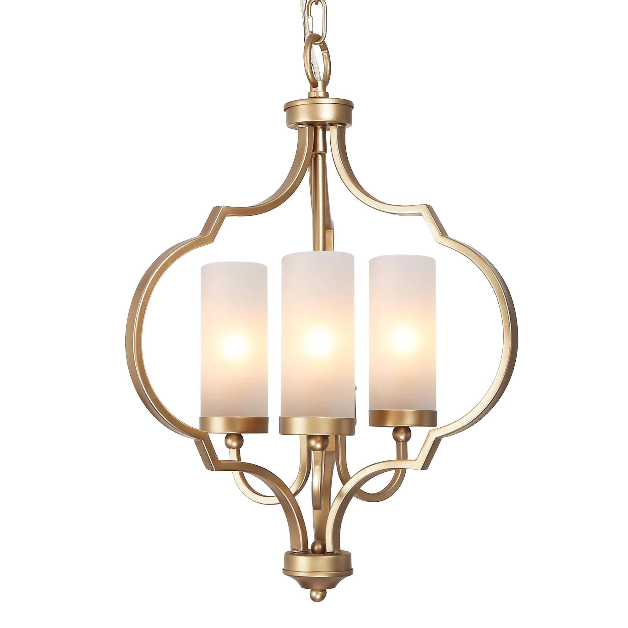 LNC Charm 3 -Light Matte Gold Cage Frosted glass Metal Chandelier