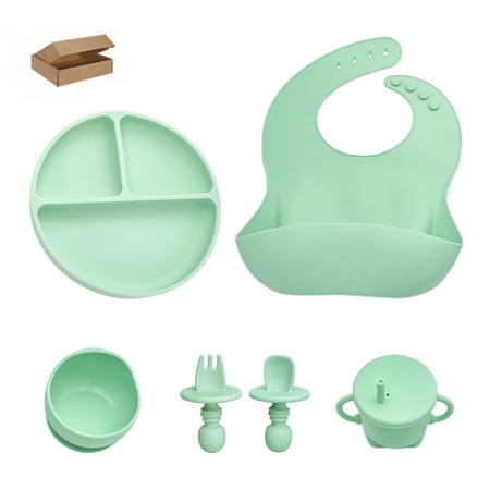 

moobom Silicone Baby Feeding Set Silicone Bibs Suction Divided Plate Bowls - Baby Cups Spoons Baby Weaning Utensils Set