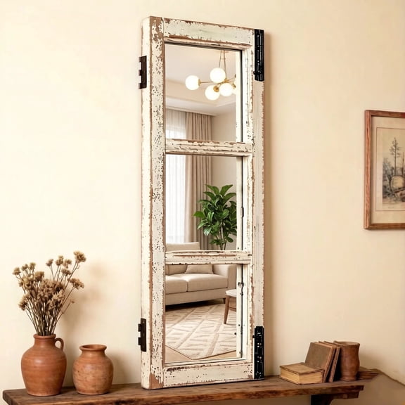 Sintosin Rustic Farmhouse Windowpane Mirror, 14" x 33", Distressed White Rectangular Wall Decor, Hanging Mirror for Bathroom Living Room Bedroom