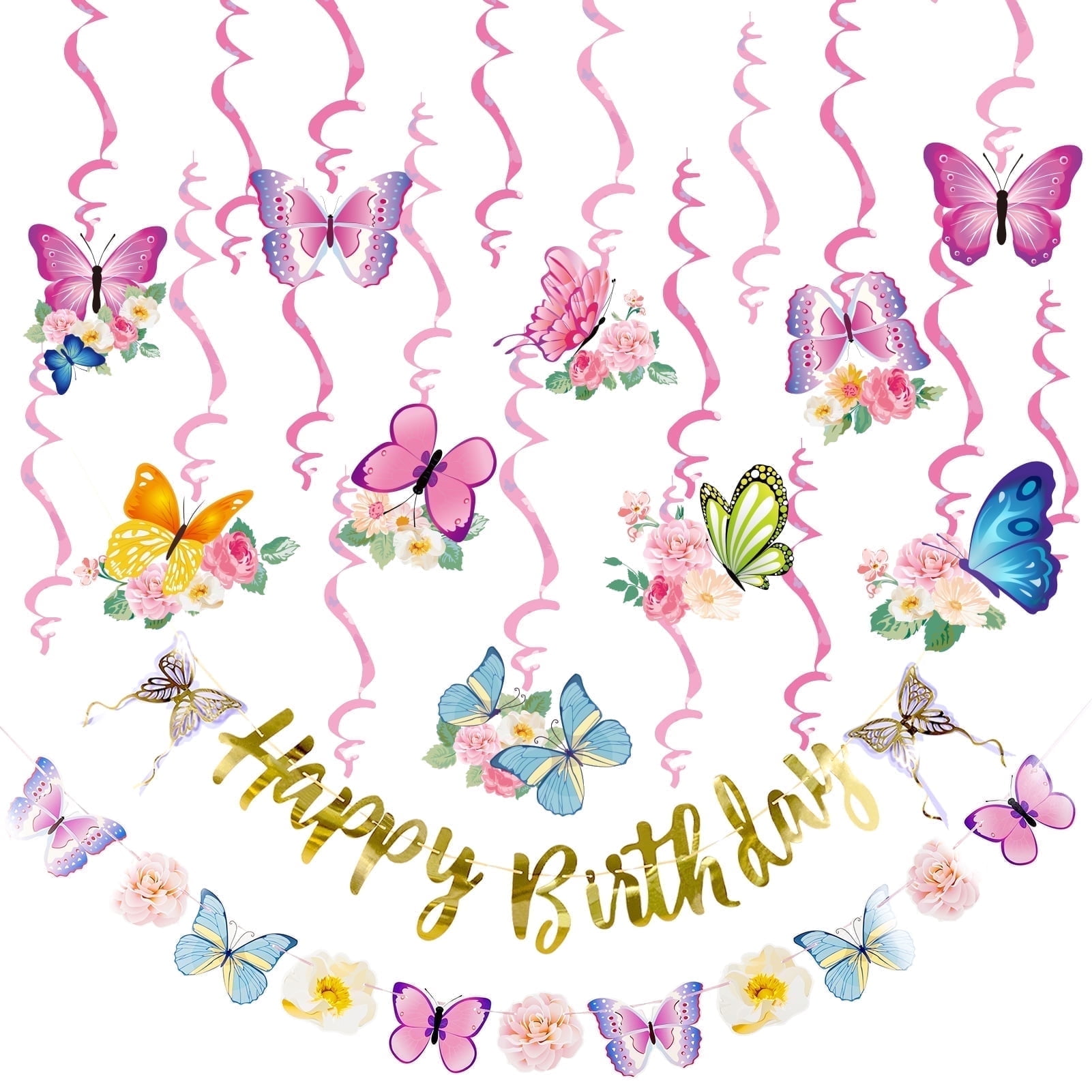 Easy Joy 22pcs Butterfly Birthday Decorations with Banner Hanging Flowers Paper Swirls for Pink Party Decoration