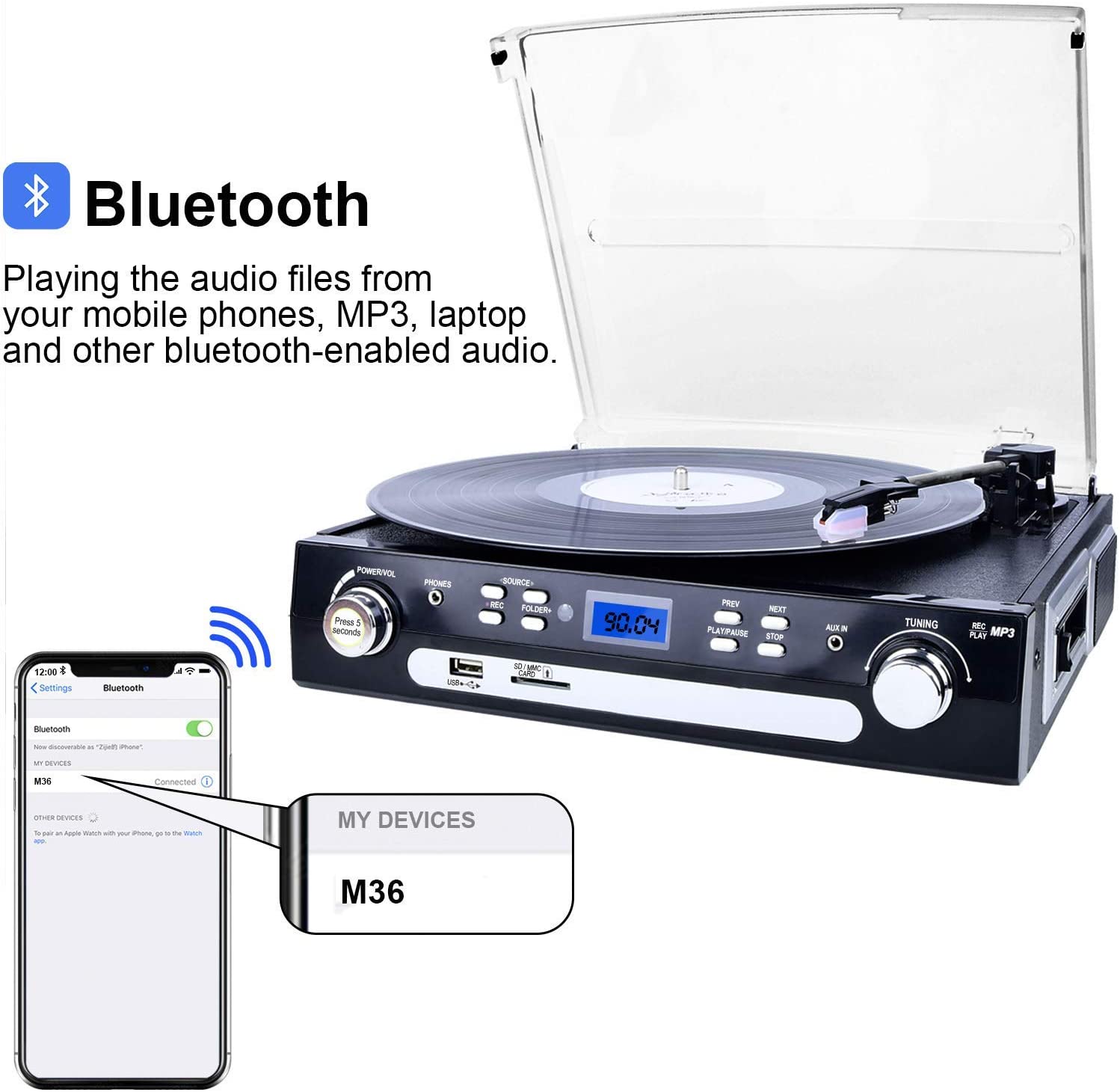 DigitNow Bluetooth LP Multi Record Player with AM/FM Radio System ...