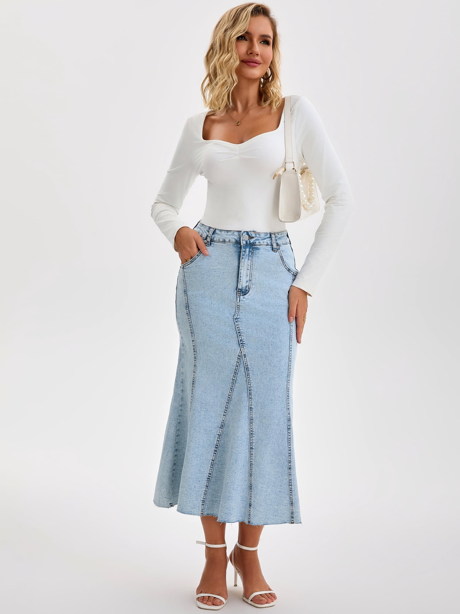 DARING DIVA Women's Fishtail Jean Stretchy Midi Denim Skirts X-Large Light Blue
