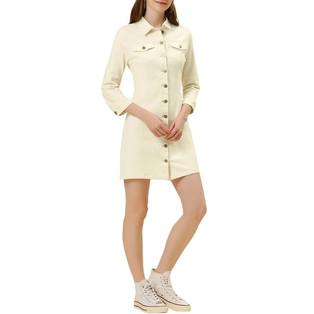Allegra K Robe-Chemise Ajustée en Denim à Manches 3/4 Boutonnée pour Femme m Blanc