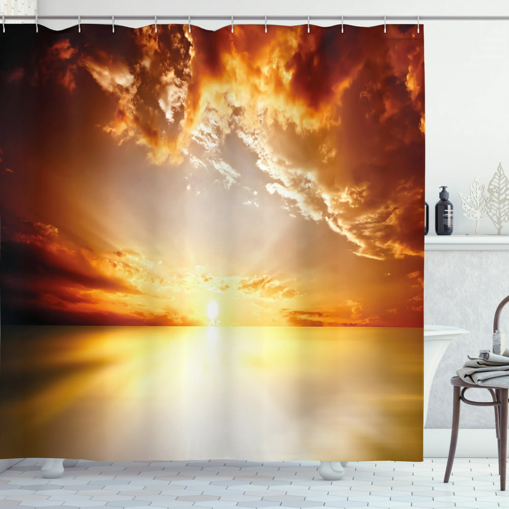 Sun Shower Curtain, Majestic Sunset View Tranquil Horizon Dramatic ...