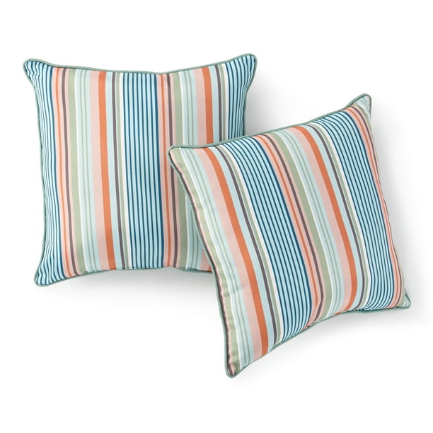 Mainstays Multi Stripe Reverse to Sage Green Outdoor Throw Pillow, Set of 2