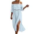 thumbnail image 3 of Lcziwo Womens Off Shoulder Midi Dress Cotton Lace Patchwork Flowy Beach Sundress Short Sleeve Side Slit Casual Dresses Light Blue,S, 3 of 8