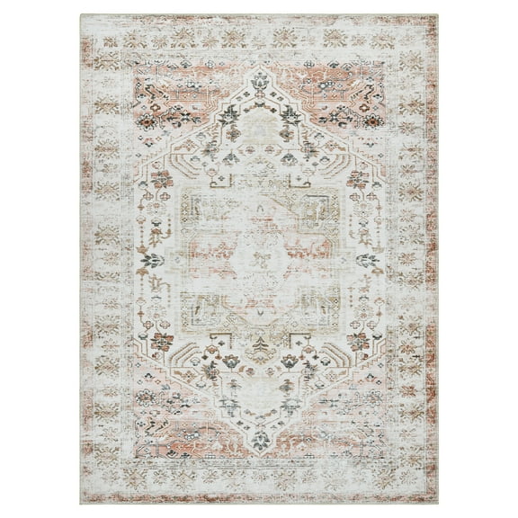 Hasoo 4' x 6' Area Rug for Living Room, Persian Vintage Taupe Flower Print Rug Indoor Floor Cover Distressed Carpet Thin Rug Foldable Chenille Rug for Home