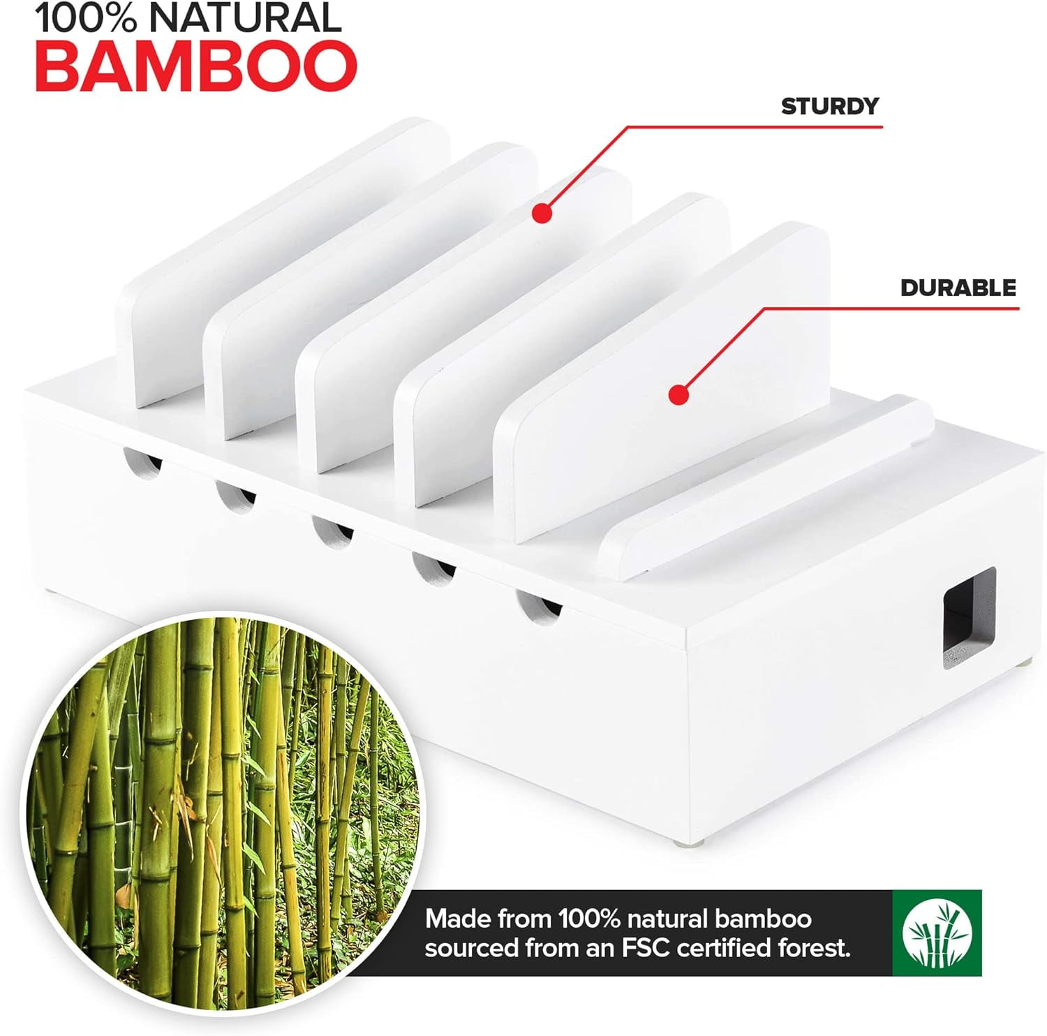 Bamboo Charging Station for Multiple Devices (White) Wood Device Organizer, Desk Docking Stand for Cell-Phone Charger, Compatible with Apple, Android, iPad, iPhone, Tablet, Laptop