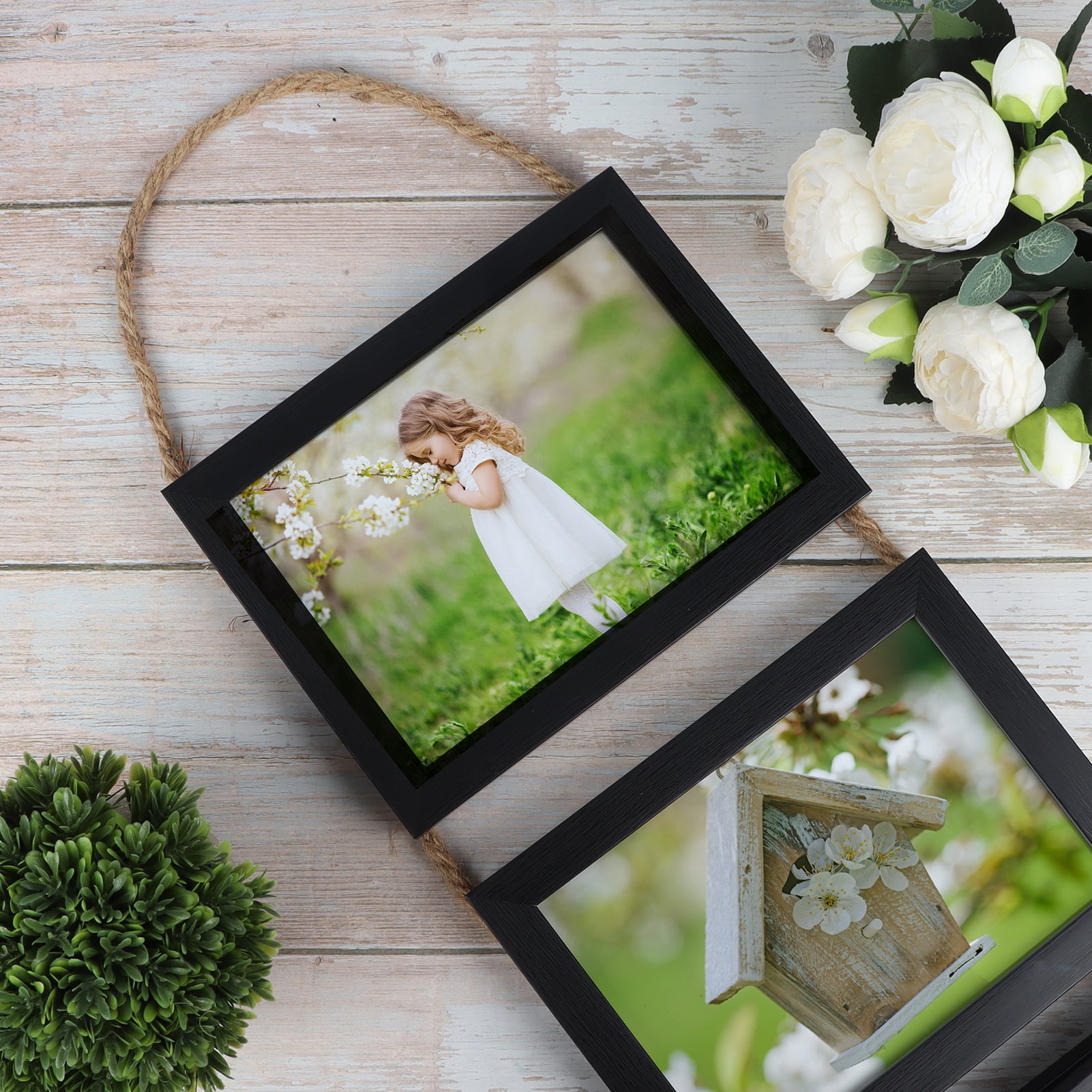 MEBRUDY 5x7 Hanging Collage Picture Frames Set of 2, Black 8 Opening Horizontal Frame for Wall Decor