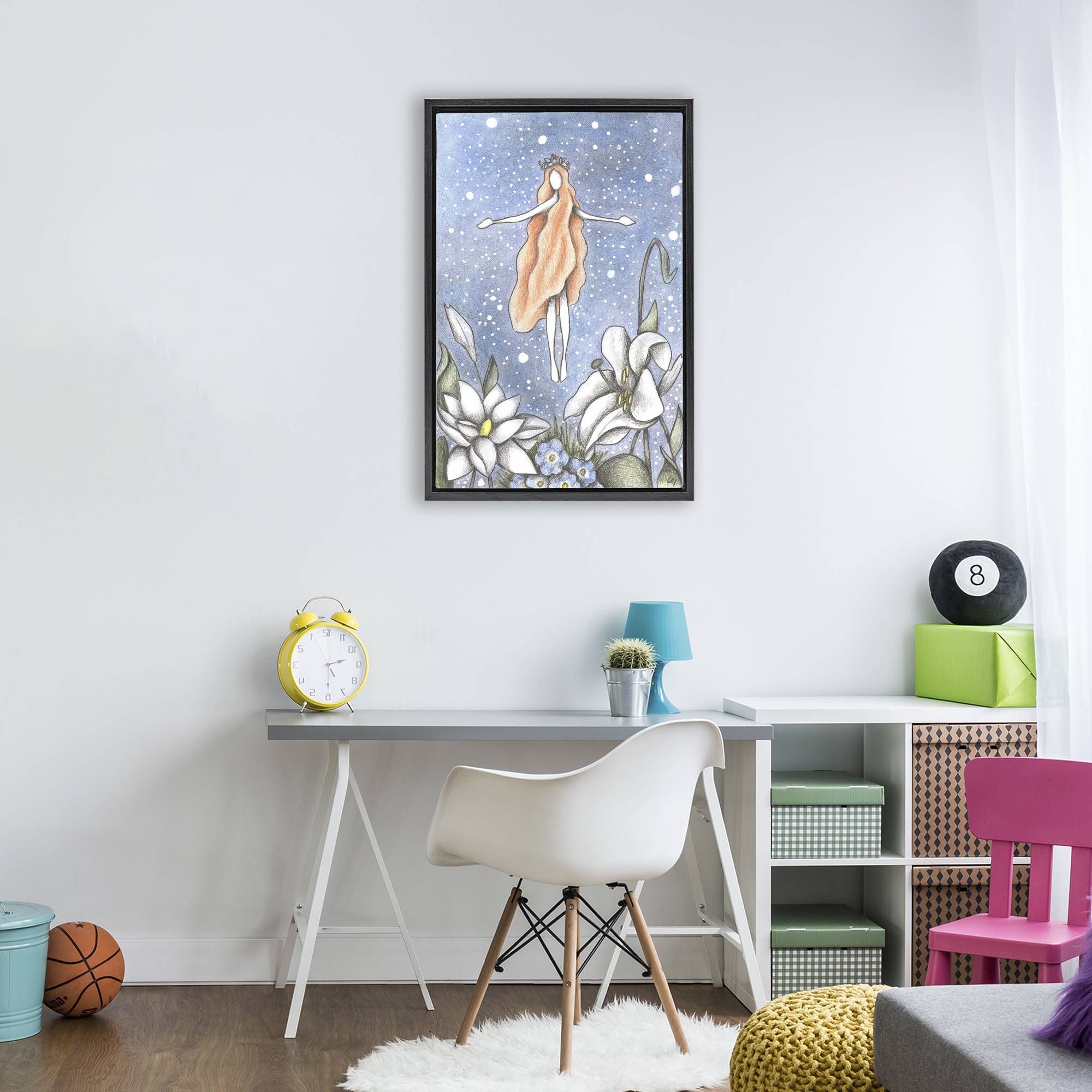 Mystical Garden Fairy Sparkle Black Framed Floater Canvas Wall Art, design by Cecilia Battaini