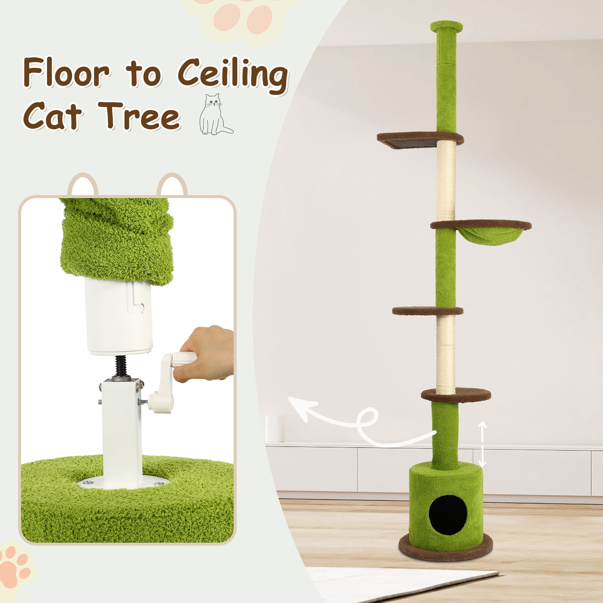 LHBCraft Floor to Ceiling Cat Tree, Cat Tower 5-Tier Height(88-107 Inches) Adjustable, Tall Cat Climbing Tower with Scratching Post, Cat Cave Condo, Cozy Hammock and Ball Toy for Indoor Cats