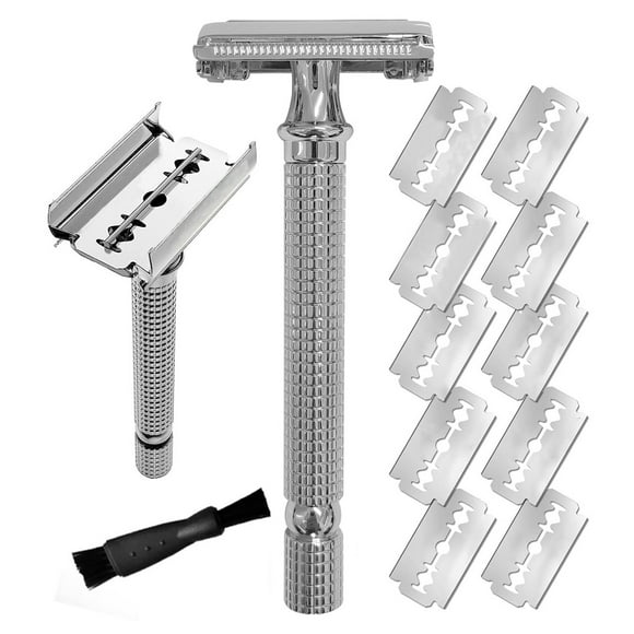 Fawoonu Vintage Brass Handle Double Edge Safety Razor with Zinc Alloy Head, 10 Replacement Blades & Cleaning Brush, Silver Finish, Ergonomic Grip for Smooth Shaving