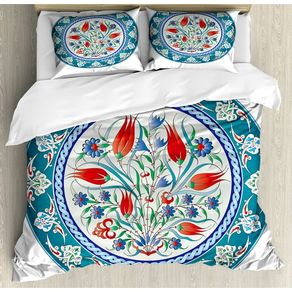 Tulip Duvet Cover Set, Historical Traditional Medieval Turkish Ornate Tulip Flowers Round Frame Print, Decorative 3 Piece Bedding Set with 2 Pillow Shams, Calking Size, Teal Red White, by Ambesonne
