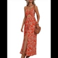 thumbnail image 2 of Vestido Maxi para Mujer, Plisado, con Cuello Halter, Estampado y Escote en V. Rojo M, 2 of 9