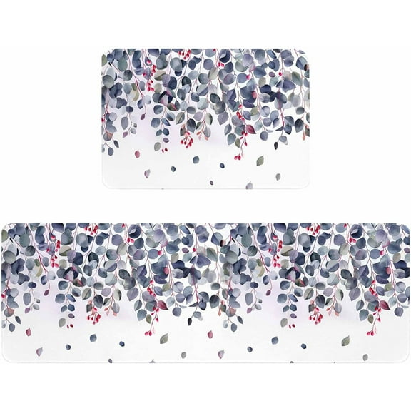 Kitchen Rugs and Mats,Eucalyptus Fruit Watercolor Leaves 2 Piece Anti Fatigue Area Runner Rug Set Comfort Standing Floor Mat,Country Pastoral Plant Non Slip Absorbent Doormats for Laundry/Bathroom