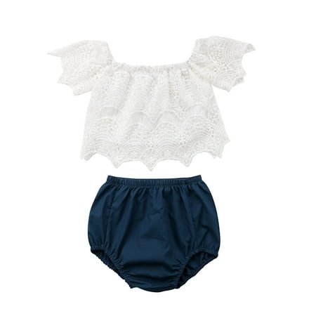 

Baby Girls 2PCS Outfit Set Short Sleeve Off Shoulder Floral Hollow Lace Crop Top Solid Color Triangle Pants Set