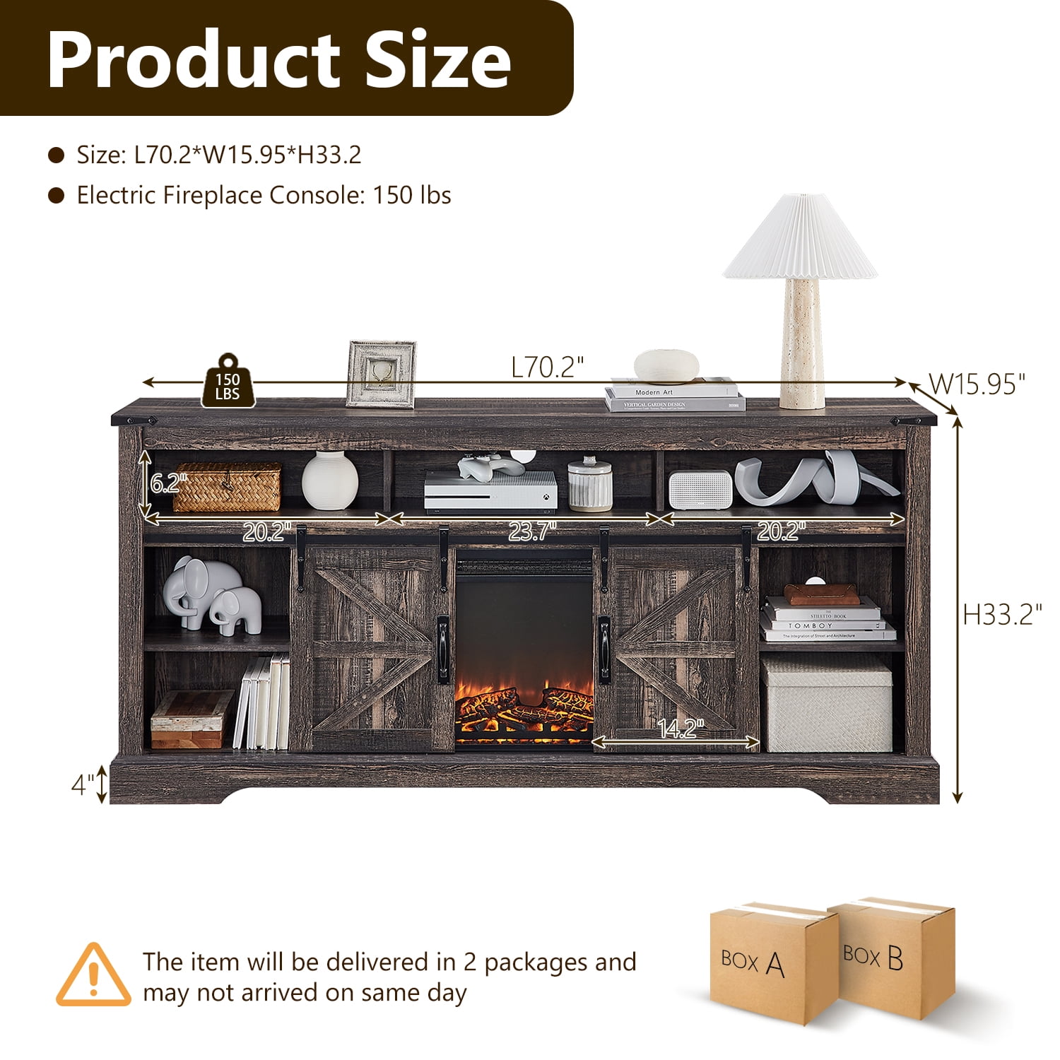 KeyWhat Farmhouse Fireplace TV Stand for TVs up to 80", 37" Electric Fireplace & Barn Door