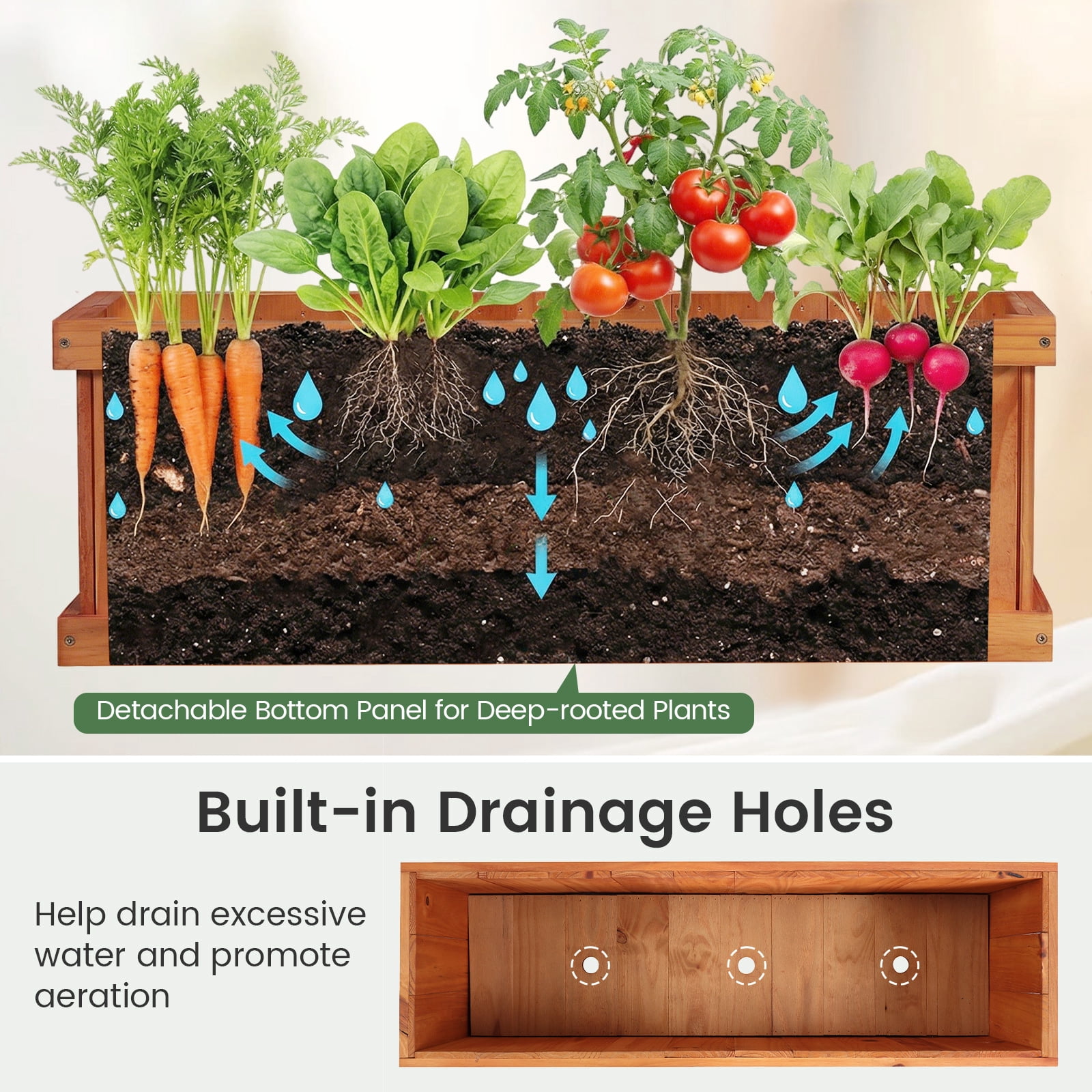 Gymax Wood Raised Garden Bed w/Drainage Holes & Liner for Flowers Vegetables Herbs