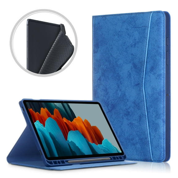 TOP SHE Case for 2021 Samsung Galaxy Tab S7 FE (12.4", Model SM-T730), Tab S7 Plus 12.4-inch Case (SM-T970) - Magnetic Closure Synthetic Leather Case with Pencil Holder / Front Pocket (Dark Blue)