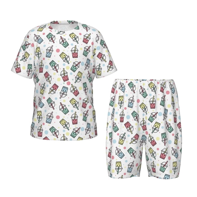 Balery Milk Tea Conjunto de Pijama Infantil de Manga Corta con Estampado – Ropa de Dormir de Algodón Suave-Large