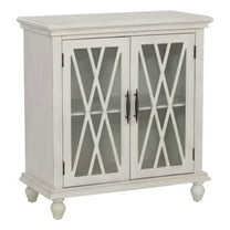 Linon Kelcey Storage Cabinet Windowpane Glass Doors in Creamy White Wood