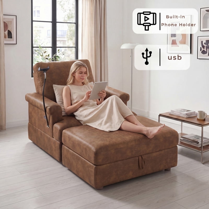 Gewnee 59" Oversized Chaise Lounge Chair Indoor with Ottoman, USB Ports&Phone Holder, Adjustable Indoor Lounge Chair for Living Room, Brown