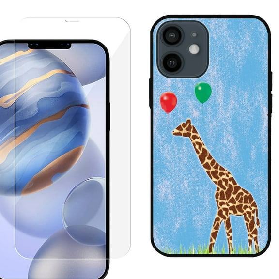 Slim-Fit Protective Phone Case (Black) compatible with iPhone 12 / iPhone 12 Pro, with Tempered Glass Screen Protector, by OneToughShield ® - Giraffe/Balloon