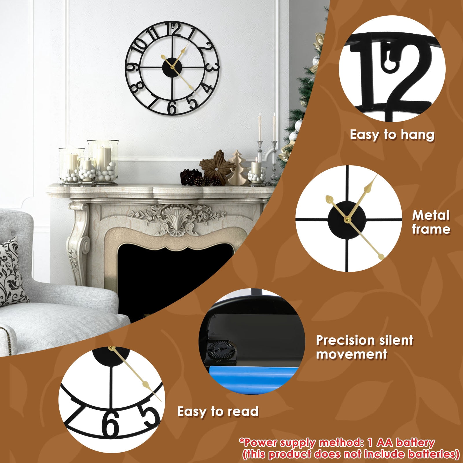 Adifare Large Wall Clock 16in Round Silent Wall Clocks Non Ticking Battery Operated Wall Clock Vintage Rustic Iron Wall Clock Decorative Clock for Home Office Decoration