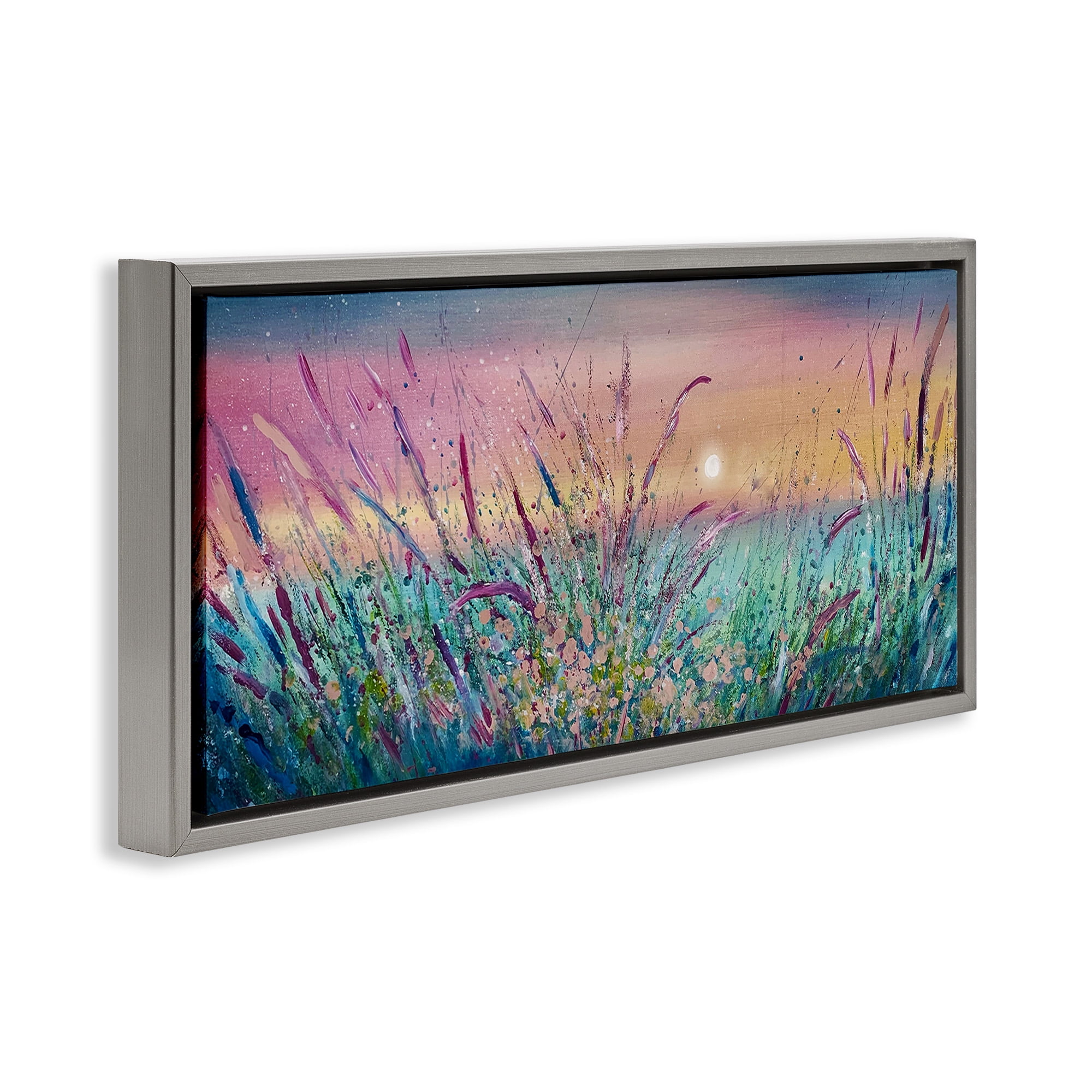 Stupell Industries Pond Reeds Sprouting at Sunset Landscape Painting Gray Floater Framed Canvas Art Print Wall Art, 25 x 11