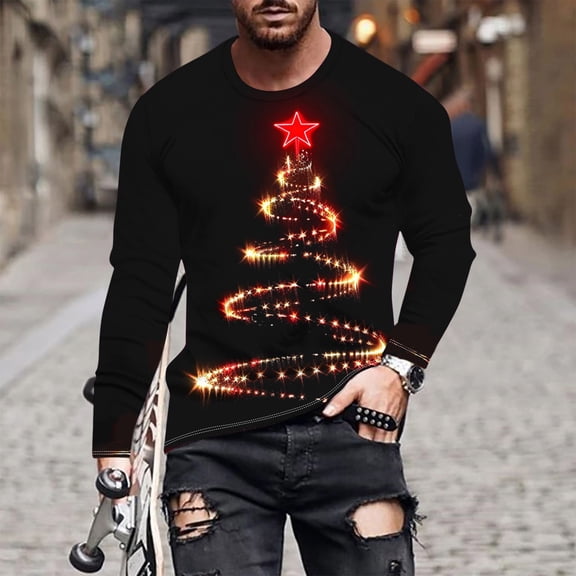 Brondbend Men's Tops Christmas Men’s Shirts Long Sleeves Crewneck Pullover Print Comfy Stylish Blouse Loose Fit Going out Clothes Black