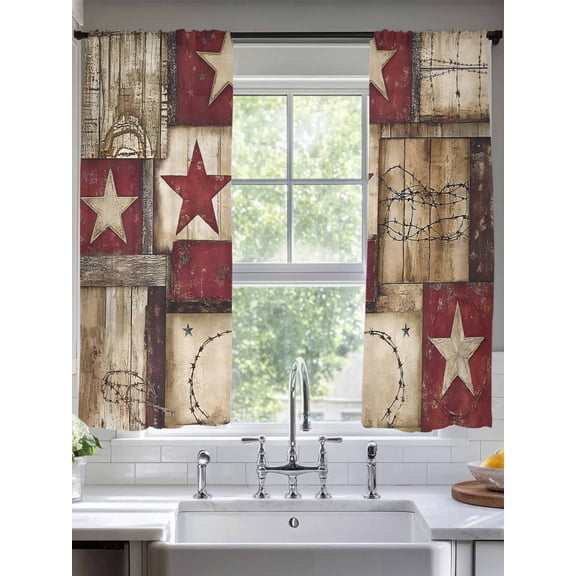 Western Red Sheer Curtains 2 Panels Set, 52" W x 72" L Borown Texas Star Vintage Wood Grain Patchwork Light Filtering Rod Pocket Voile Drapes, Window Sheer Curtains for Living Room/Bedroom