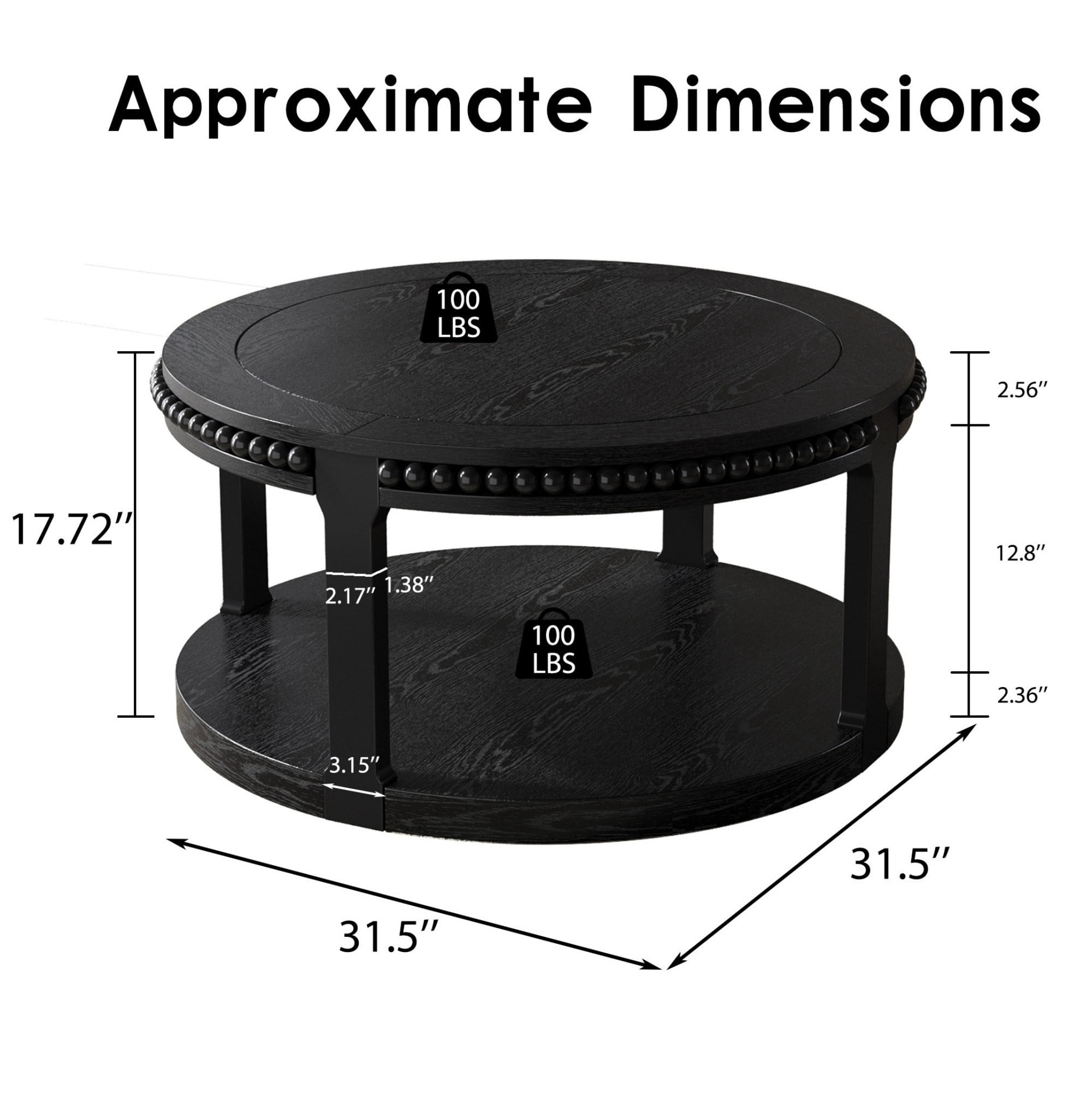 31.5" Round Solid Wood Coffee Table, 2 Tier Wood Coffee Table with Shelf, Modern Center Table for Living Room Sofa Table, Black