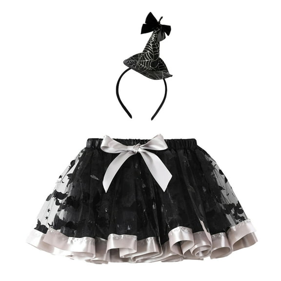 LIIPEE Girls Skirts Halloween Cartoon Bat Printed Tulle Ballet Dance Tutu Skirt With Hairband Child Handsome Holiday School Party Skirt,Black,6-7 Years