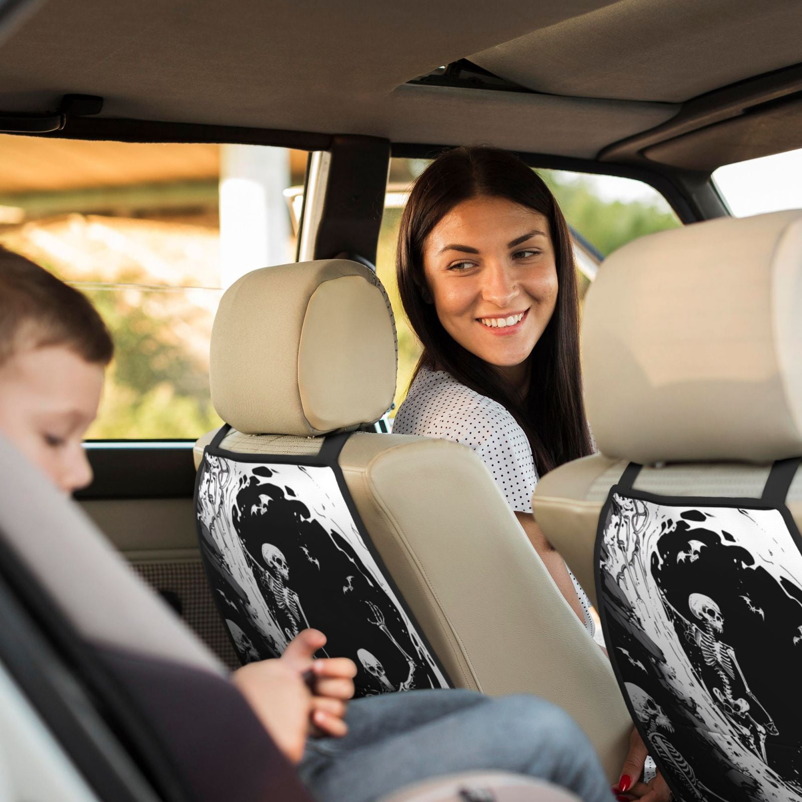 Xecao Skeleton Wave Artwork Pattern Car Seat Back Protector 2 Pack Large Capacity Pocket, Kick Mats Back Seat Protector