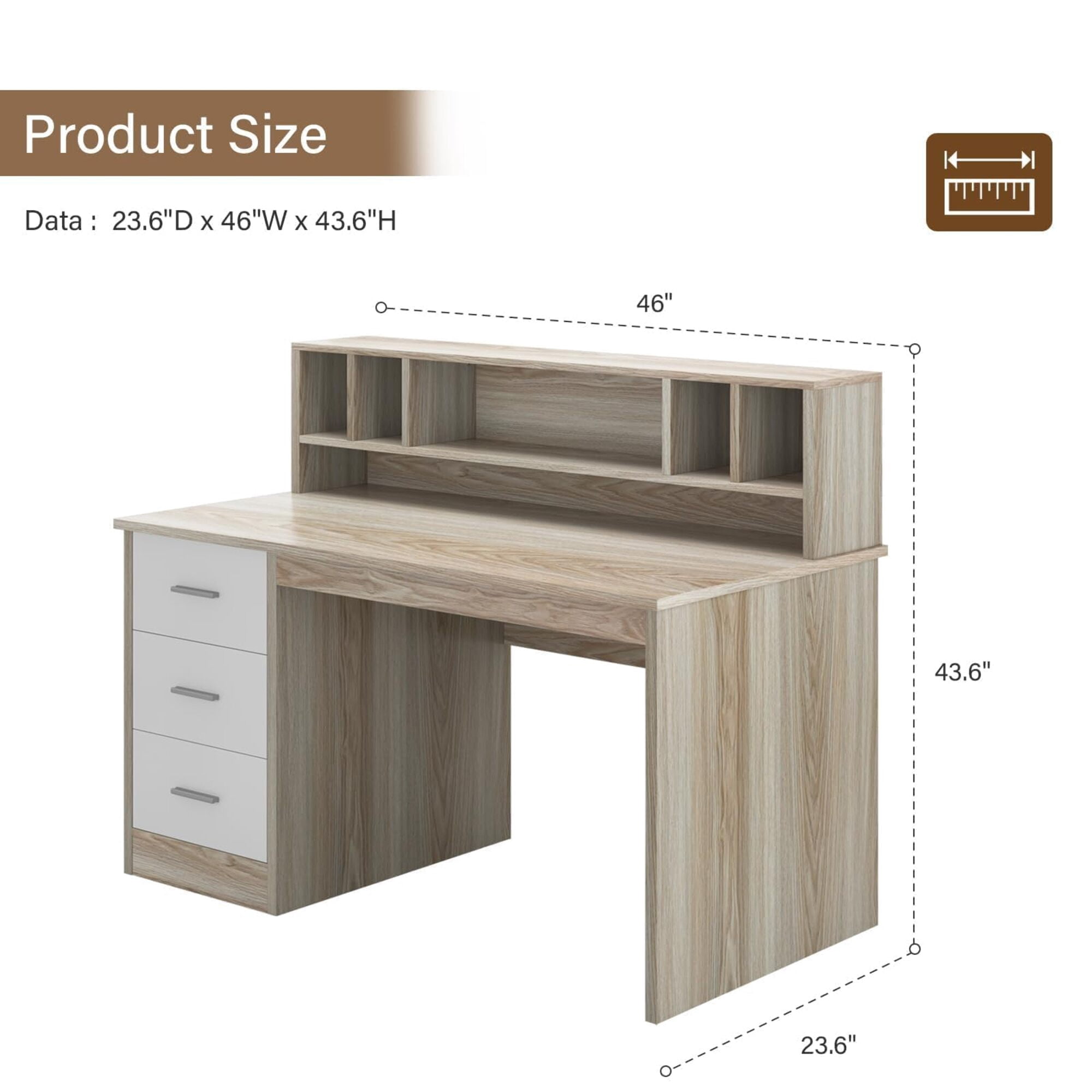 46-Inch Home Office Desk with Hutch & 3 Storage Drawers, Natural Wood Finish, Small Space Writing Study Table for Home Office/Study Room