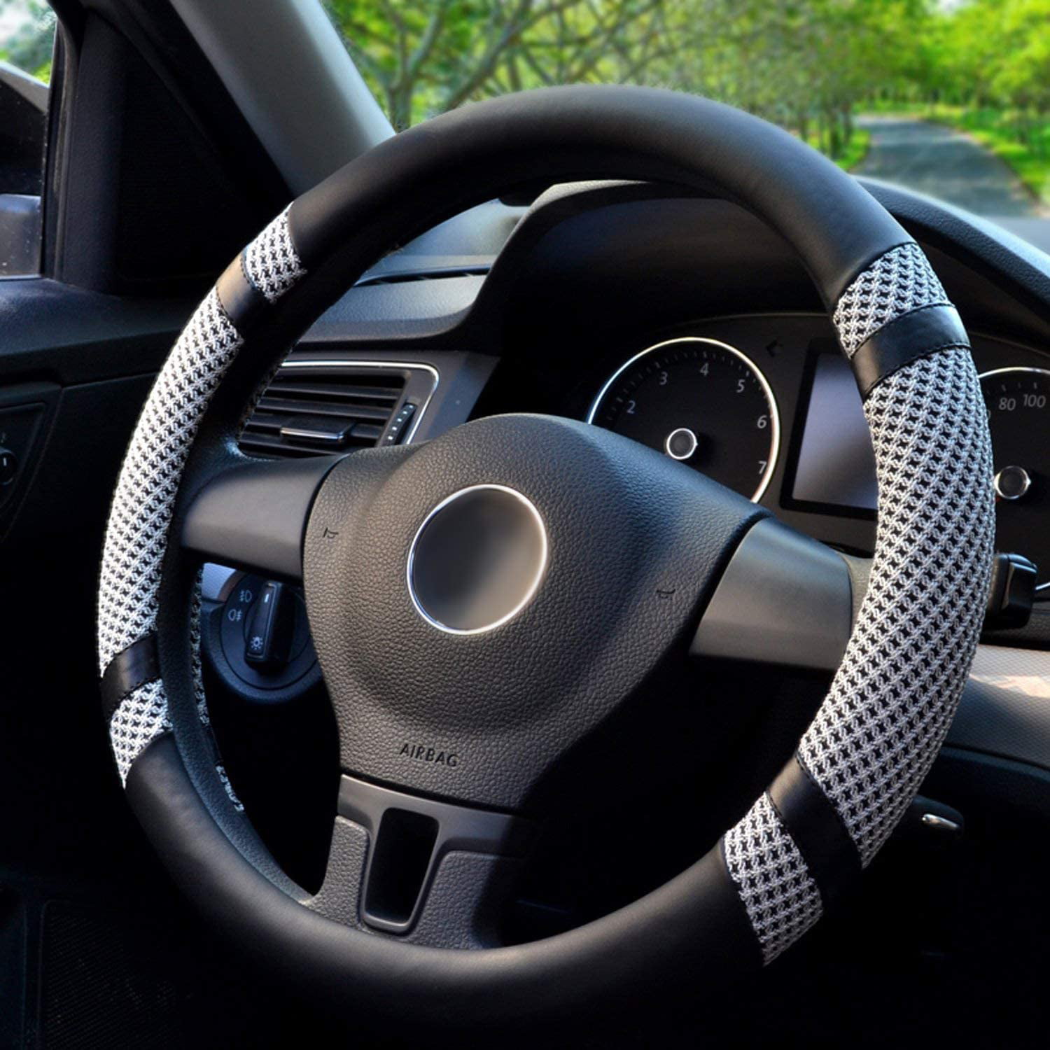 Anti-Slip Universal 15 Inches. Steering Wheel Cover Breathable Warm in Winter and Cool in Summer Microfiber Leather and Viscose Odorless Black