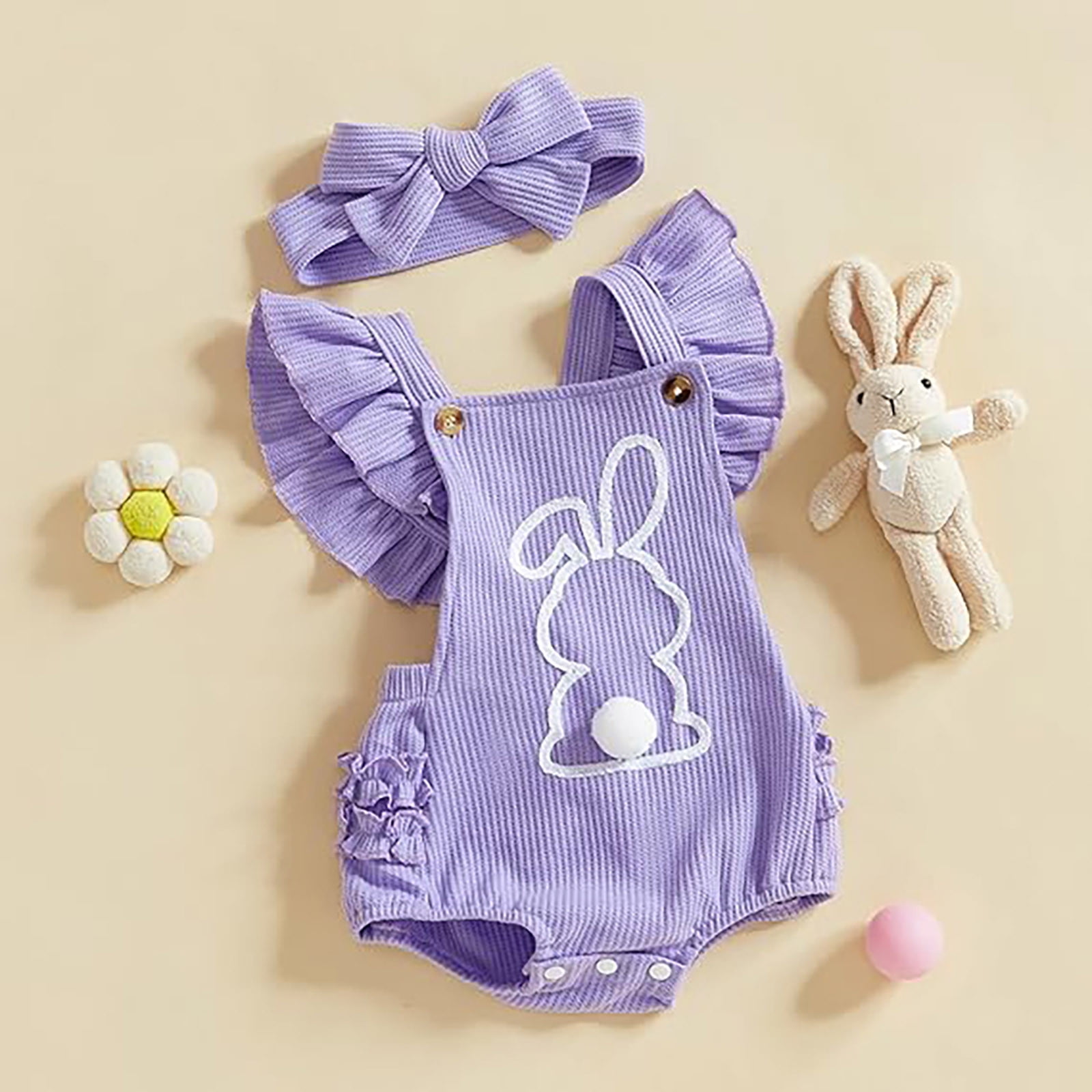 Easter Outfits for Girls Easter Baby Girl Outfit Fly Sleeve Embroidery Romper Bunny Tail Bodysuit Easter Set Baby Easter Outfit 0 Months-3 Months