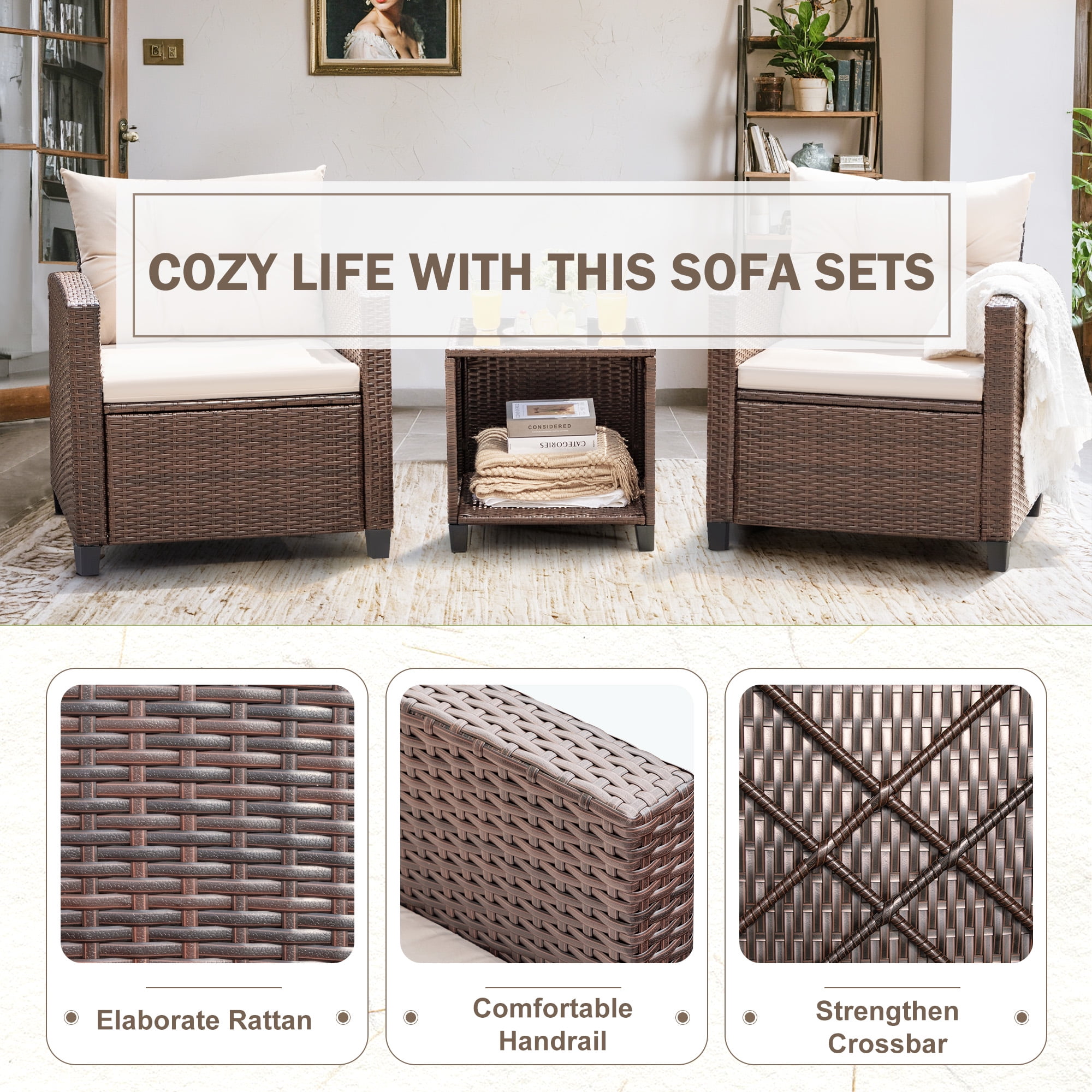 Devoko Outdoor Furniture Sets 3 Pieces Patio Bistro Set, Rattan Patio Conversation Chair Set with Cushion and Coffee Table, Beige