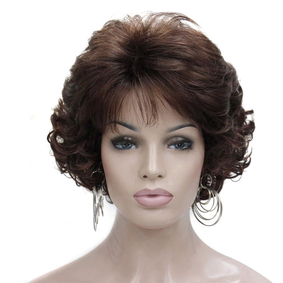 Women's Short Brown Curly Synthetic Wig, Voluminous Layered Bob Wig with Bangs, Heat Resistant Fiber No Lace Daily Hair Wig for Mature Women