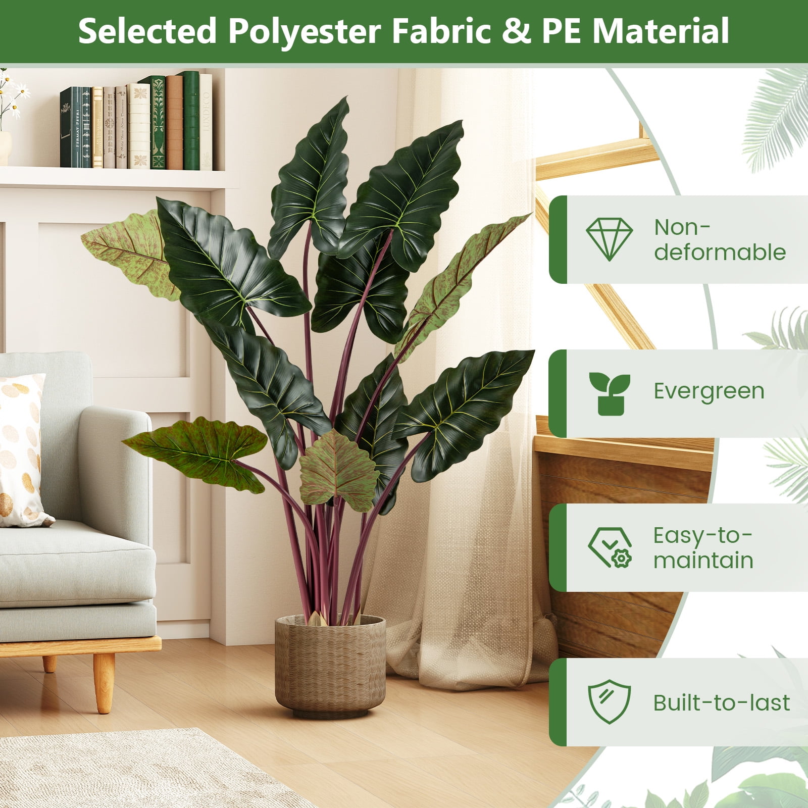 Gymax Artificial Rainbow Taro Tree 63'' Tall Fake Pre-potted Plant w/ 11 Faux Leaves