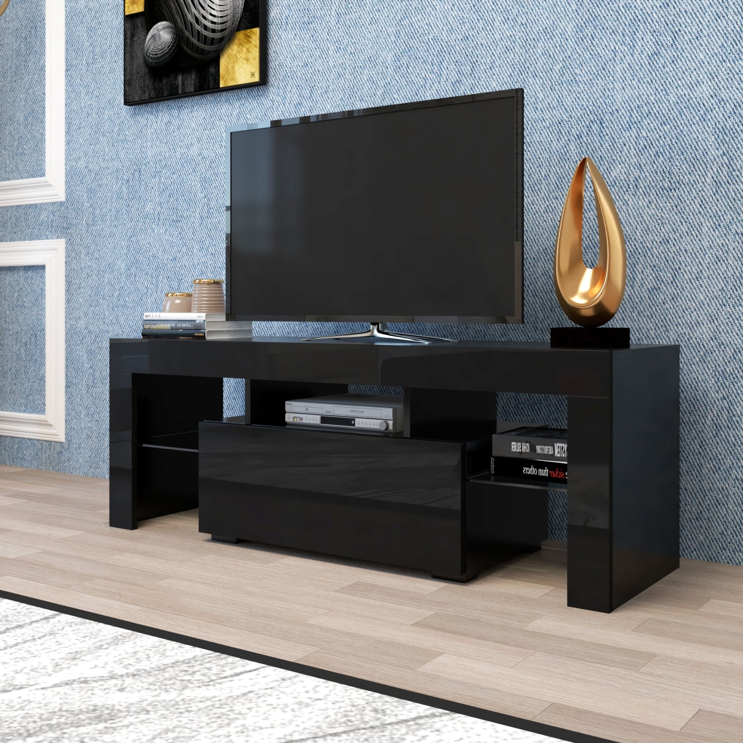 Black TV Stand with LED RGB Lights, Flat Screen TV Cabinet, Gaming Consoles for Entertainment Lounge, Living Room, Bedroom