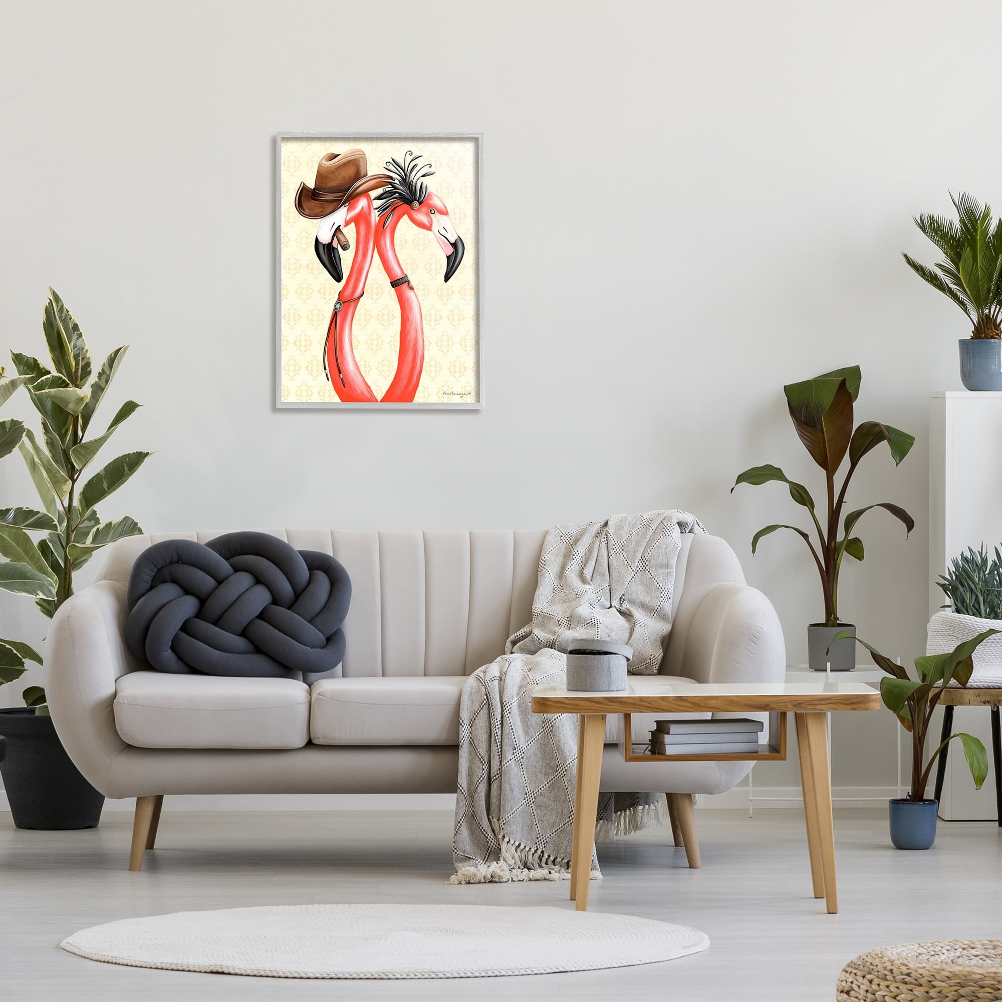 Stupell Industries Vintage Flamingos Cowboy Hat Antique Fashion Outfit Graphic Art Gray Framed Art Print Wall Art, Design by Amelie Legault