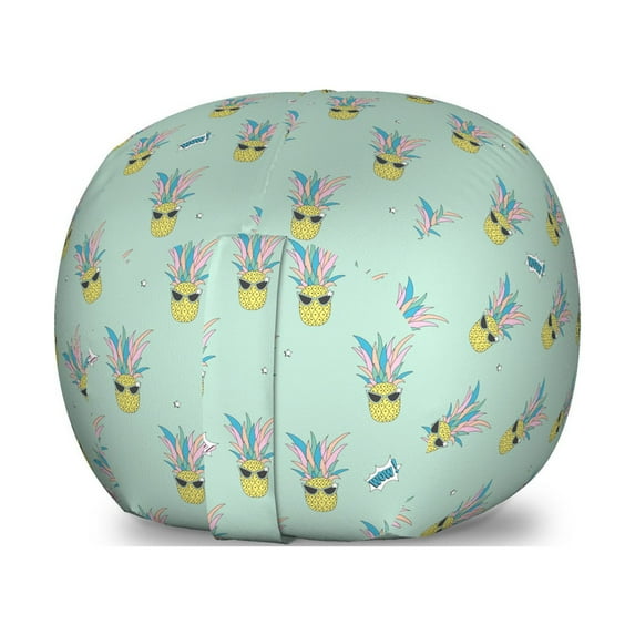 Pop Art Storage Toy Bag Chair, Continuous Pattern of Pineapples with Sunglasses and Colorful Leaves, Stuffed Animal Organizer Washable Bag, Large Size, Mint Green and Multicolor, by Ambesonne