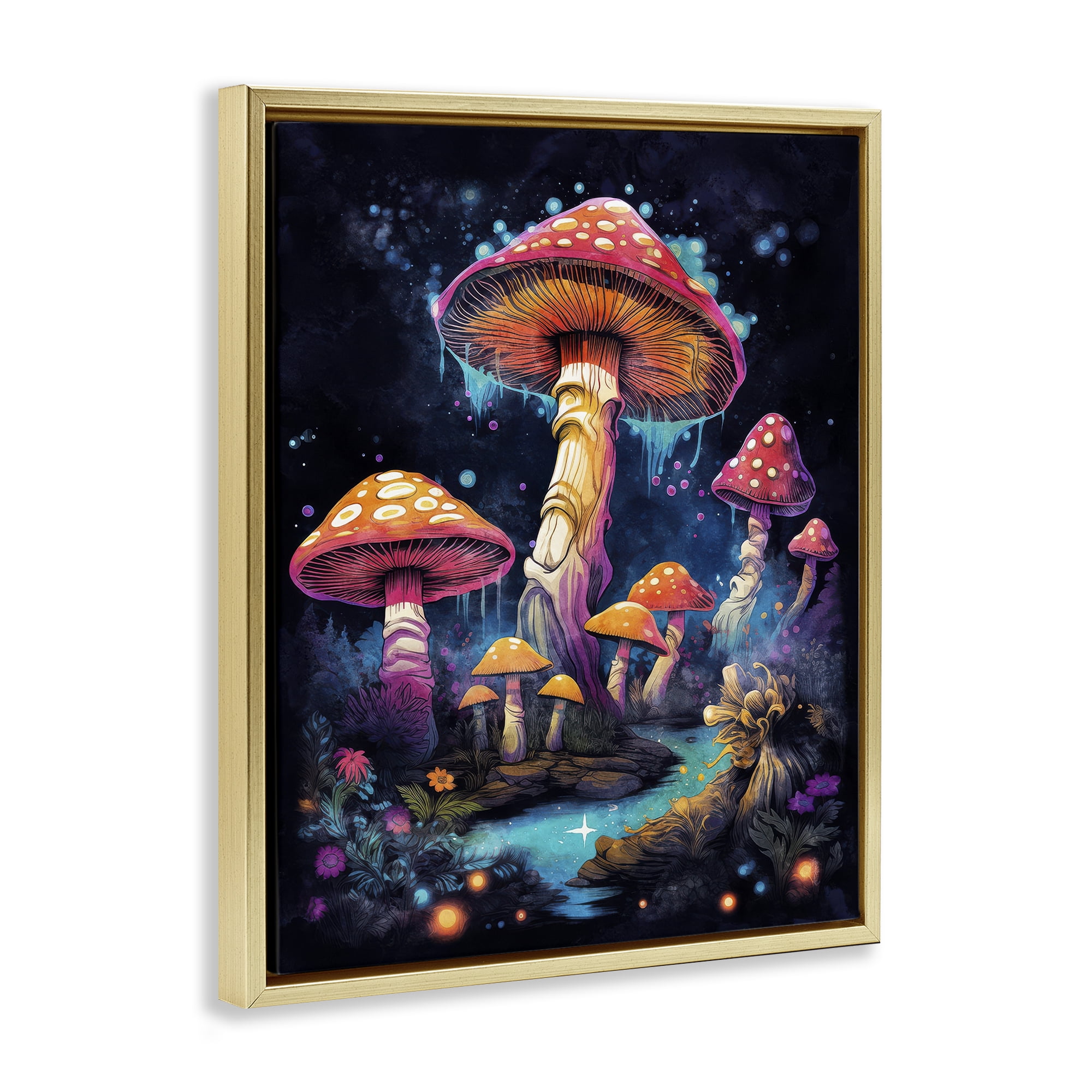 Stupell Industries Psychedelic Mushroom Scene Landscape & Nature Painting Gold Floater Framed Canvas Art Print Wall Art, 17 x 21